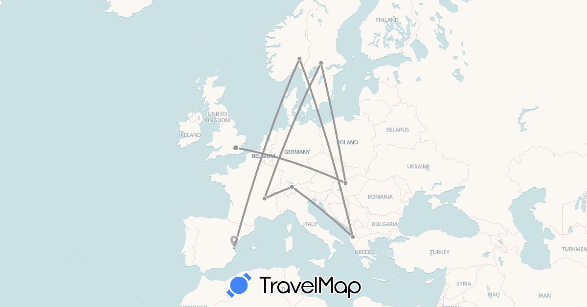 TravelMap itinerary: driving, plane in Albania, Spain, France, United Kingdom, Hungary, Liechtenstein, Norway, Sweden (Europe)